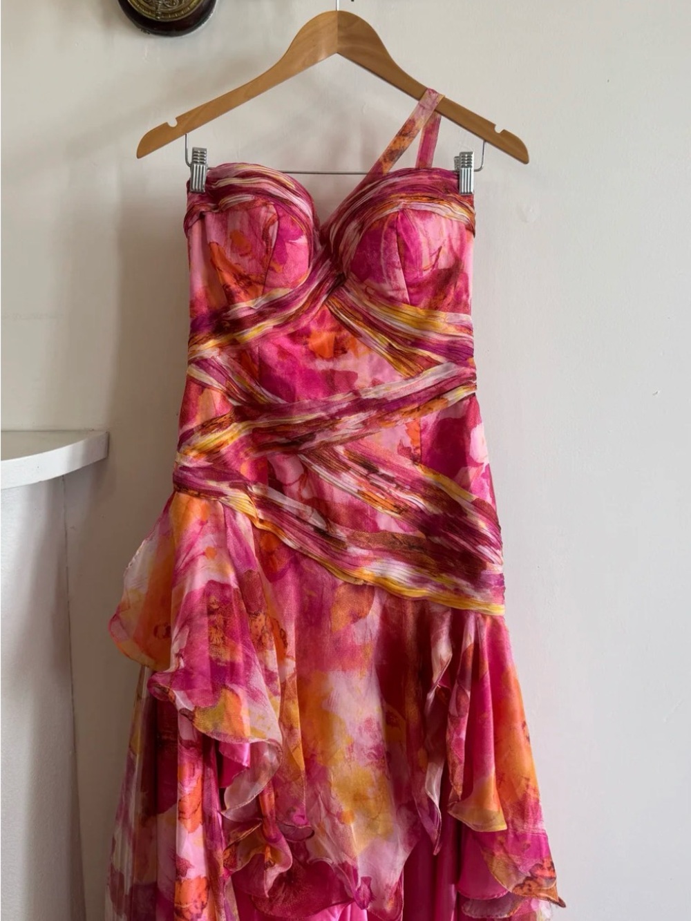 Dave & Johnny One-Shoulder Pink and Orange Watercolor Floral Dress vintage